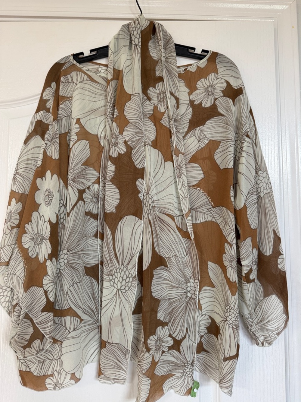 Spiegel Brown and Cream Floral Sheer Blouse with Scarf Tie